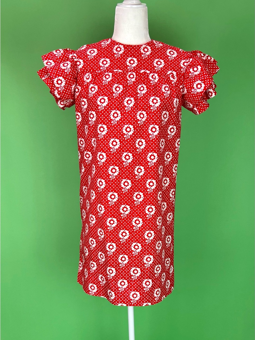 Vintage Red and White Floral Mini Dress with Ruffled Sleeves - Size XS